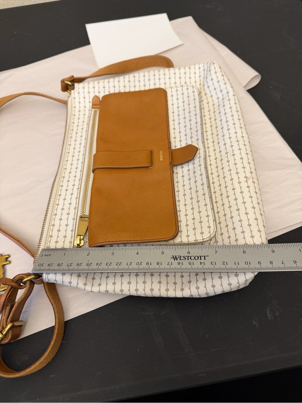 Fossil Cream & tan leather textured Crossbody with Tan Leather Trim & canvas - Picture 15 of 16